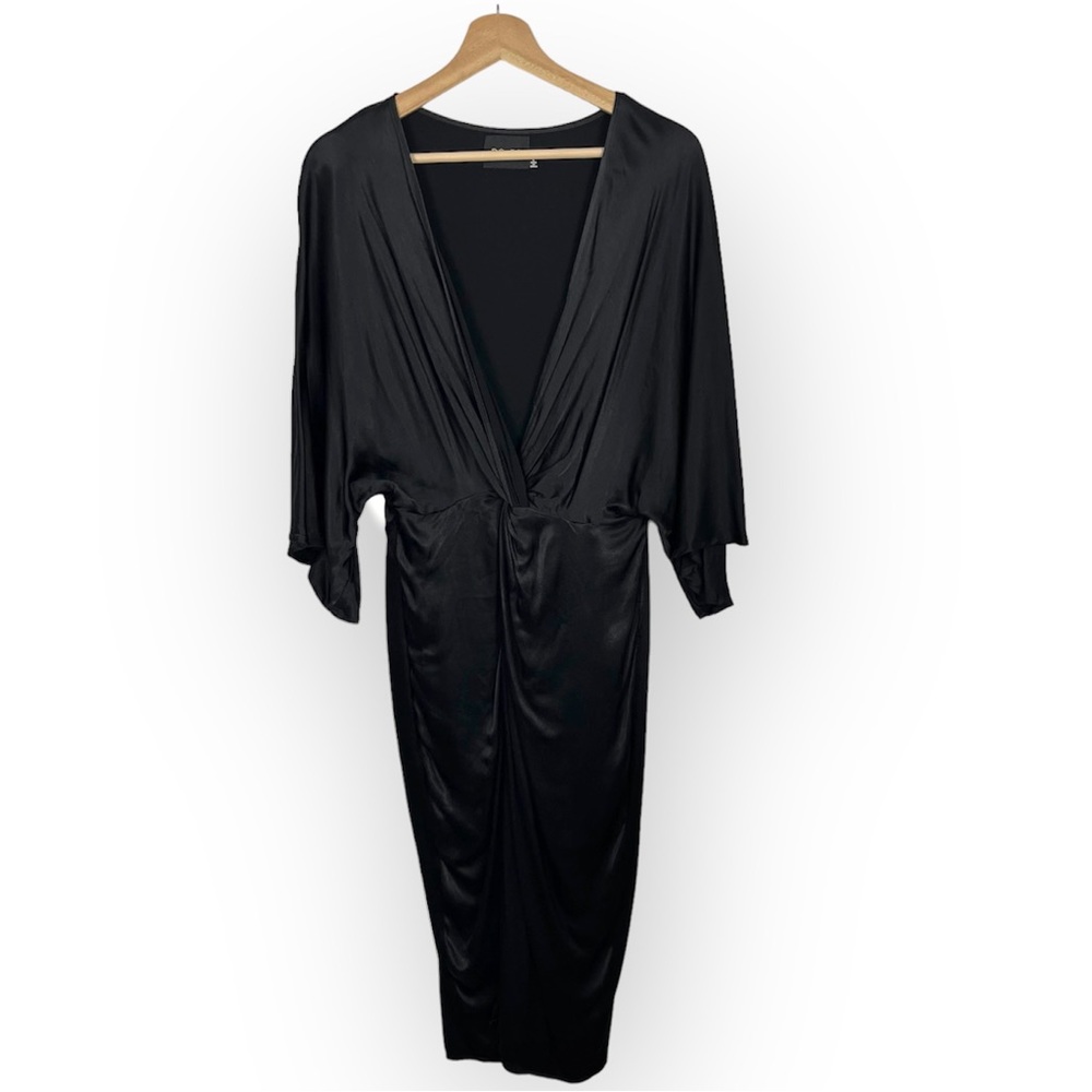 Do + Be Black Satin Ruched Plunge Neck Loose half Sleeves Midi Front Slit Size S